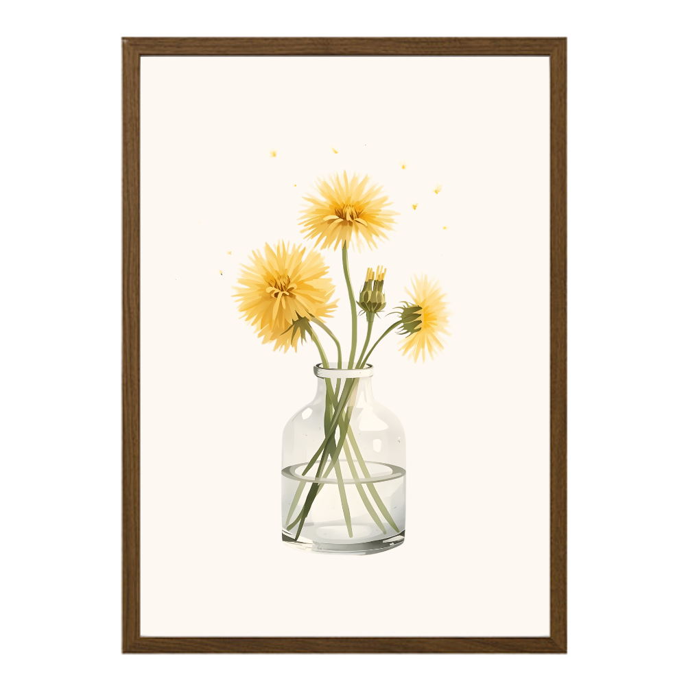 veggspjald með íslenskum fíflum í glasi