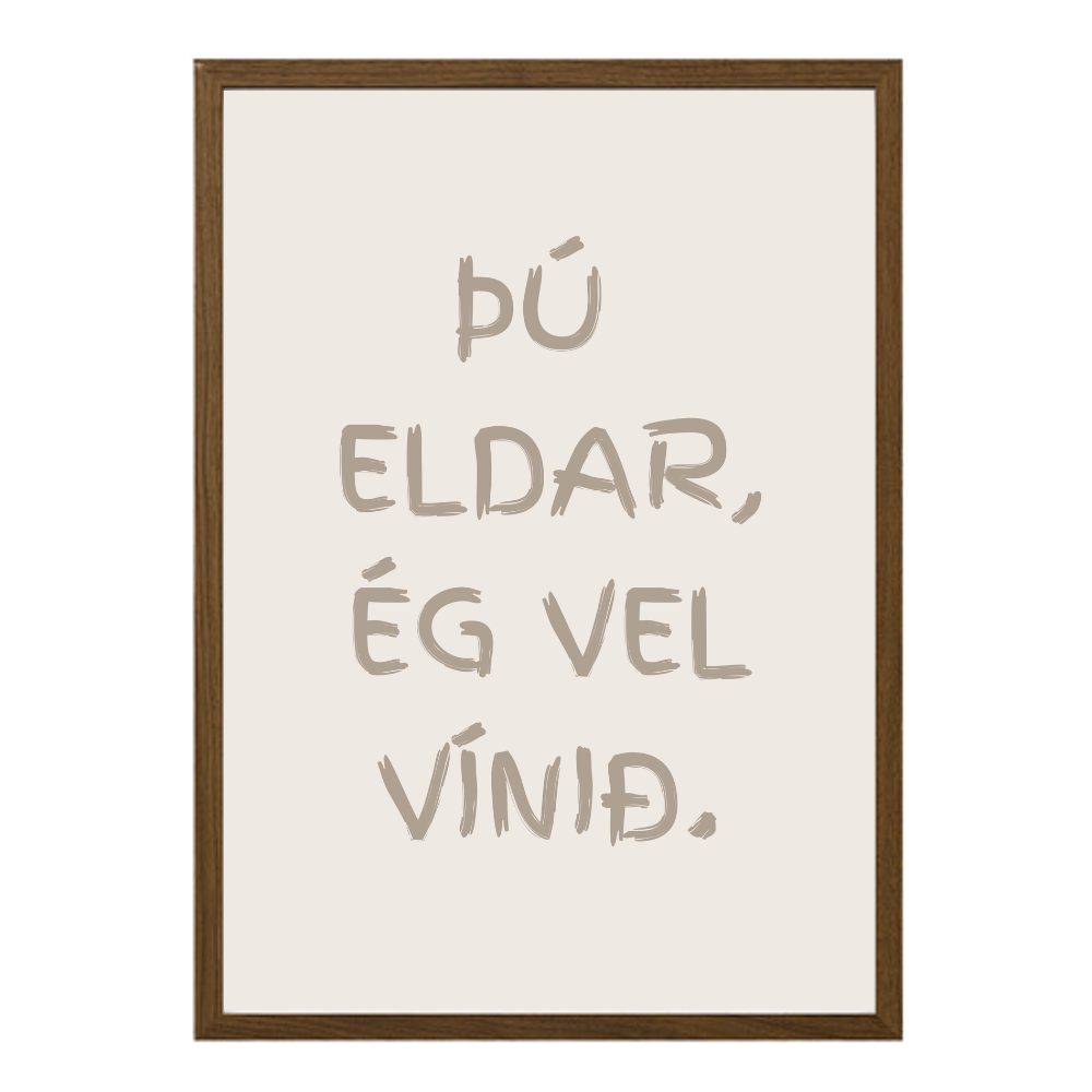íslenskt plakat í eldhús sem segir "þú eldar, ég vel vínið"