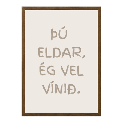 íslenskt plakat í eldhús sem segir "þú eldar, ég vel vínið"