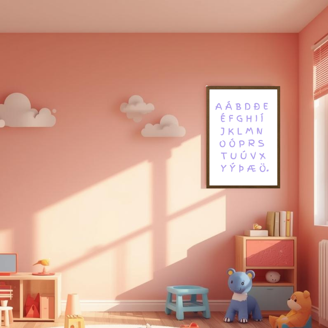 Nærmynd af stafrófsplakati fyrir börn með litríku og leikandi útliti.